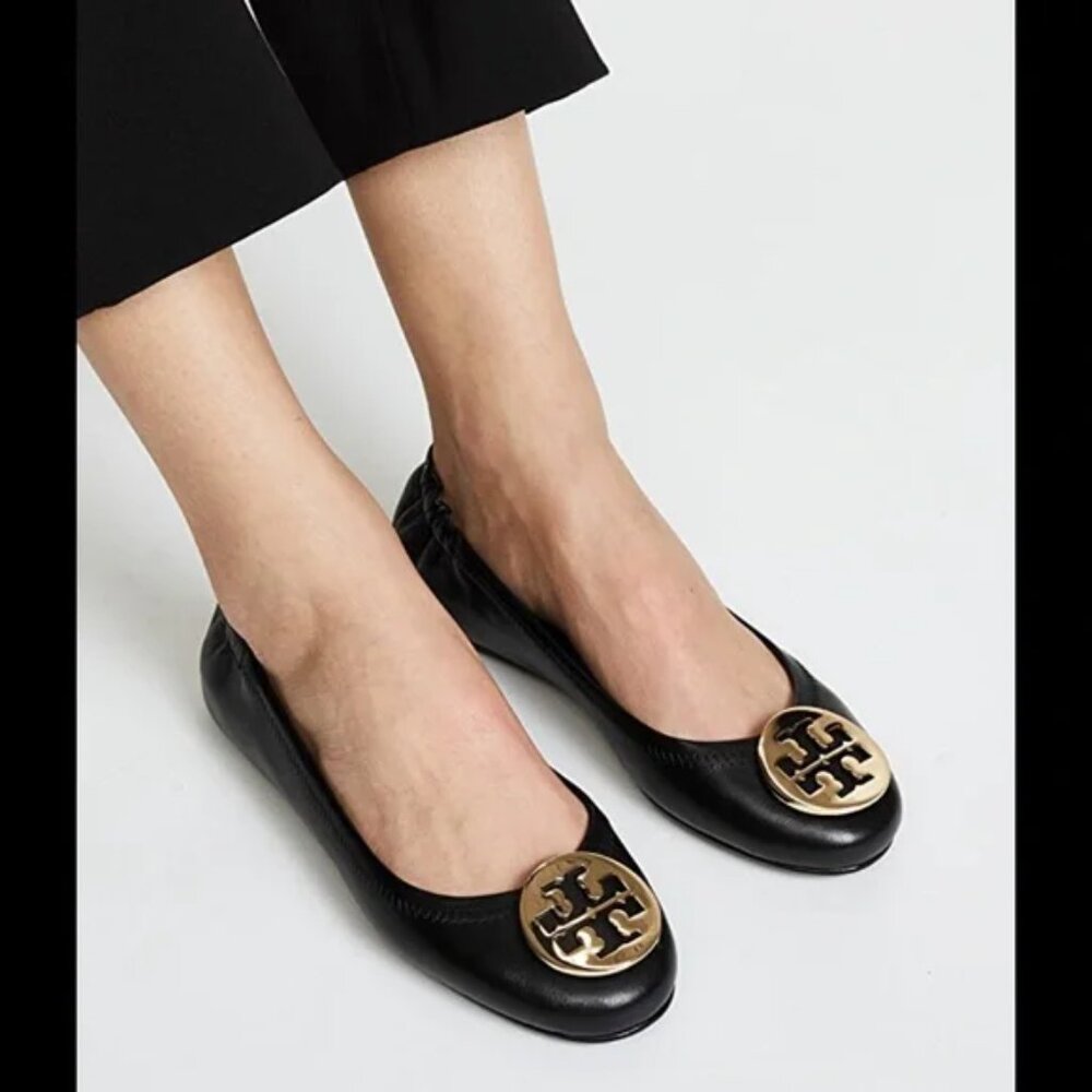 Tory Burch Women's Black Gold Minnie Leather Slip-On Casual Ballet Flat Size 8